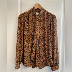 J. Crew Long sleeve Camel and pink leopard print top with neck tie detail